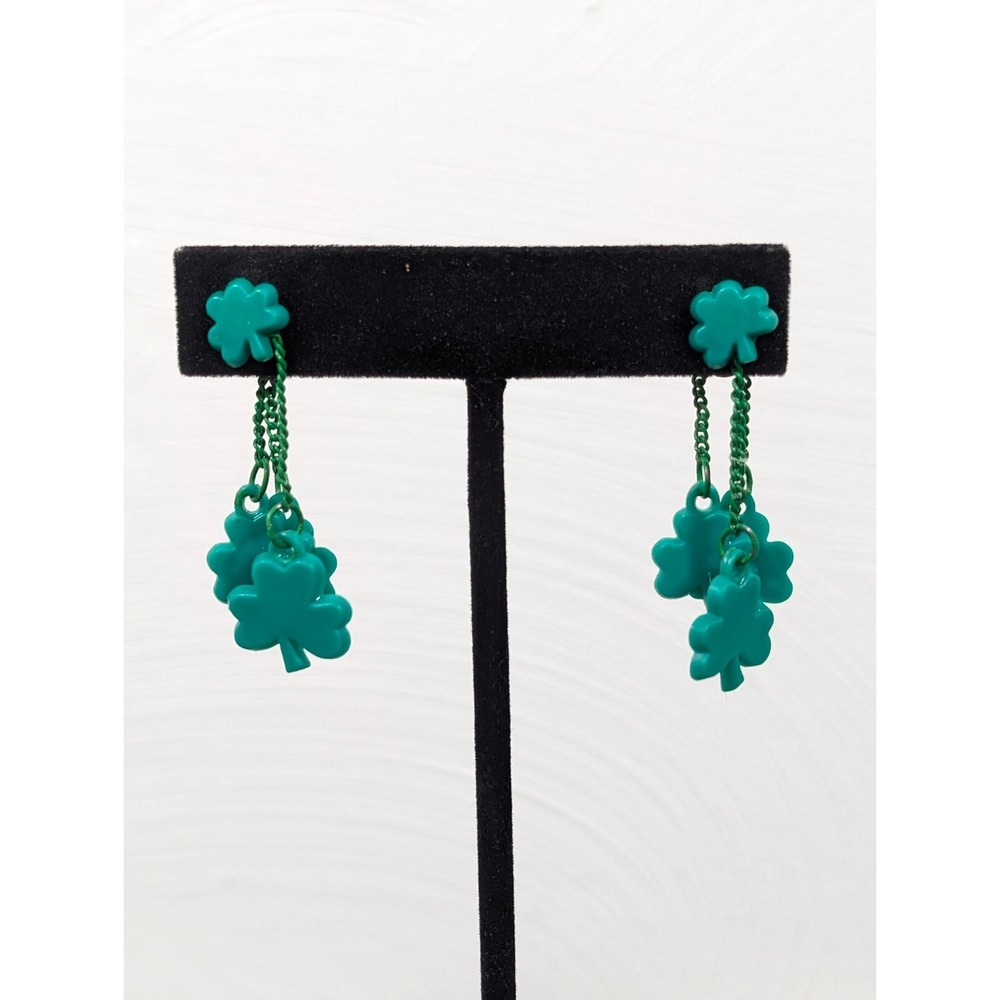 Vintage‎ Hallmark Green Clover Front Back Dangle Earrings Luck St Patricks Day